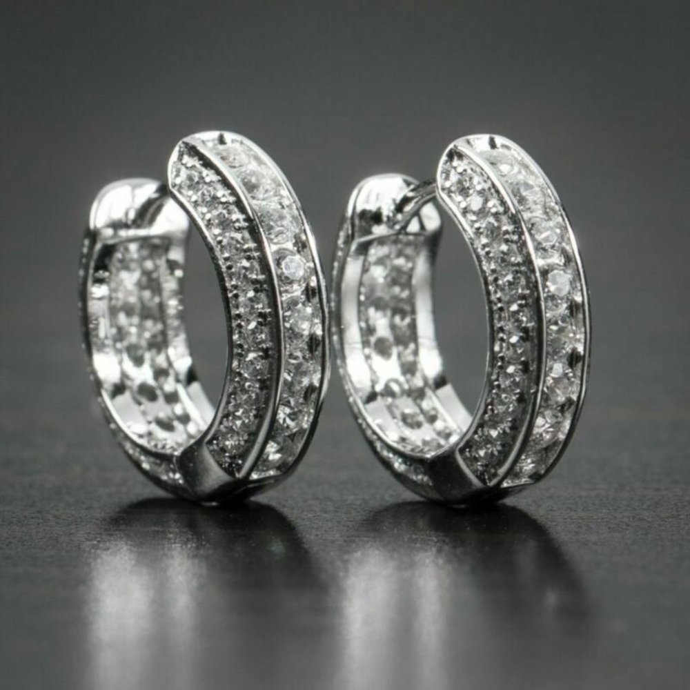 New Men’s 14k Gold Plated Silver Sim. Diamond Hoop Studs